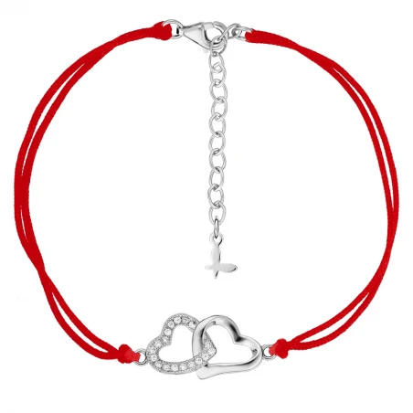 Bransoletka na czerwonym sznurku z cyrkoniami srebrne serca SADVA