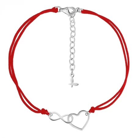 Bransoletka na czerwonym sznurku srebrny znak nieskończoności serce SADVA