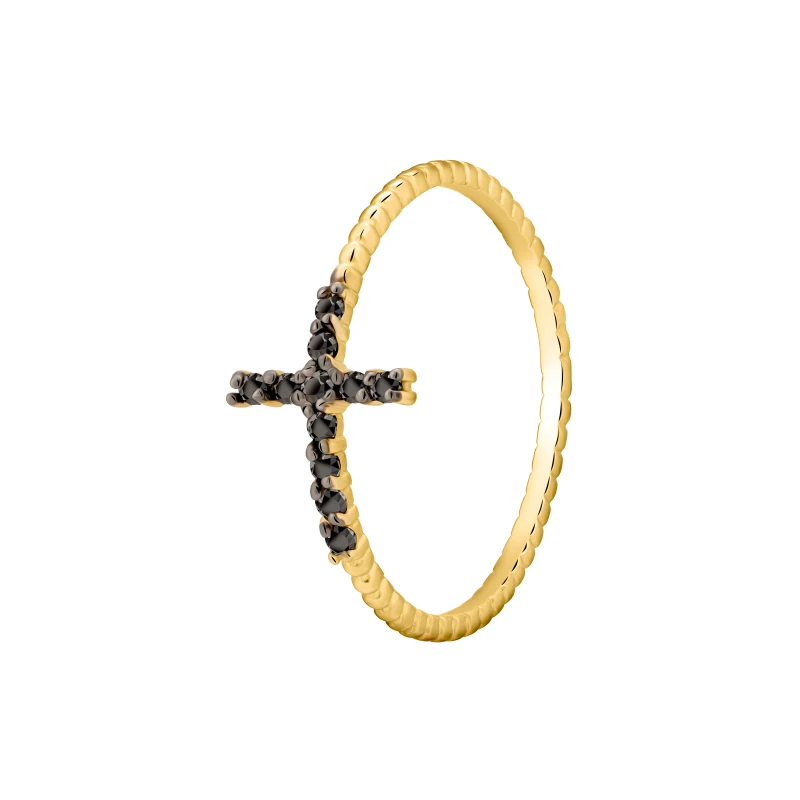 Pierścionek złoty krzyż z czarnymi cyrkoniami