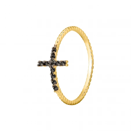 Pierścionek złoty krzyż z czarnymi cyrkoniami SADVA